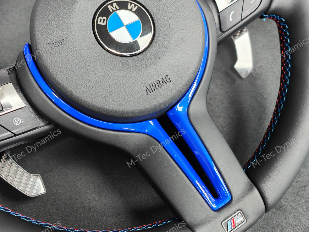 BMW F-SERIES NAPPA LEATHER TRI-STITCH / CUSTOM / BLUE M4 FASCIA STEERING WHEEL - BMW 1 2 3 4 5 X SERIES