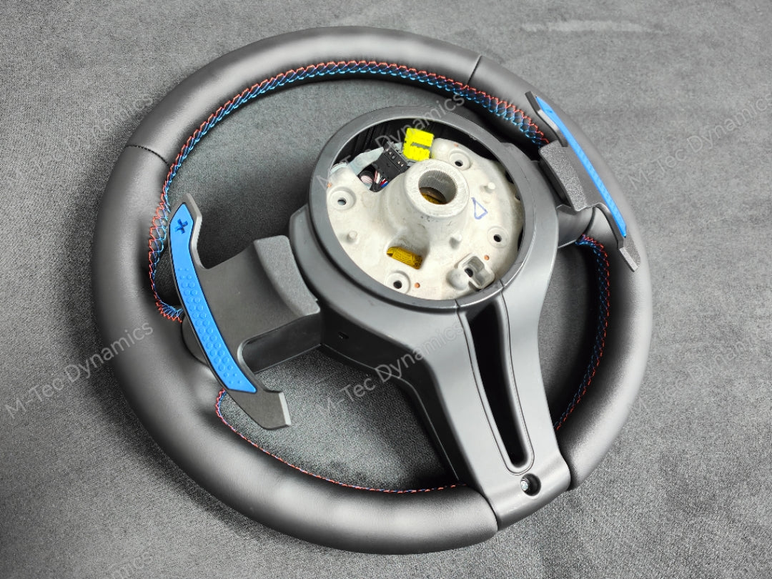 BMW F-SERIES NAPPA LEATHER TRI-STITCH / CUSTOM / BLUE M4 FASCIA STEERING WHEEL - BMW 1 2 3 4 5 X SERIES