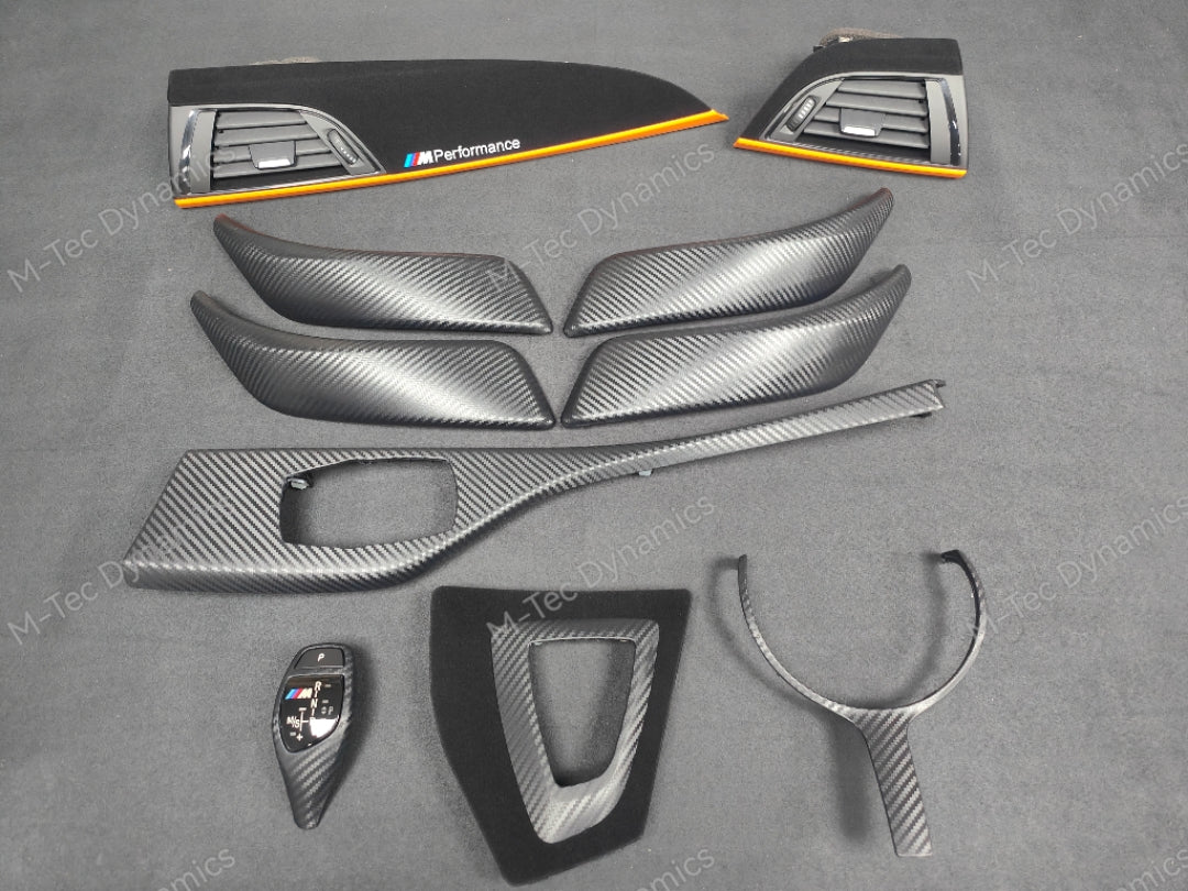 WRAPPING SERVICE - BMW F20 F21 F22 F23 CUSTOM INTERIOR TRIM SET - 3D CARBON / ALCANTARA / ORANGE ACCENT
