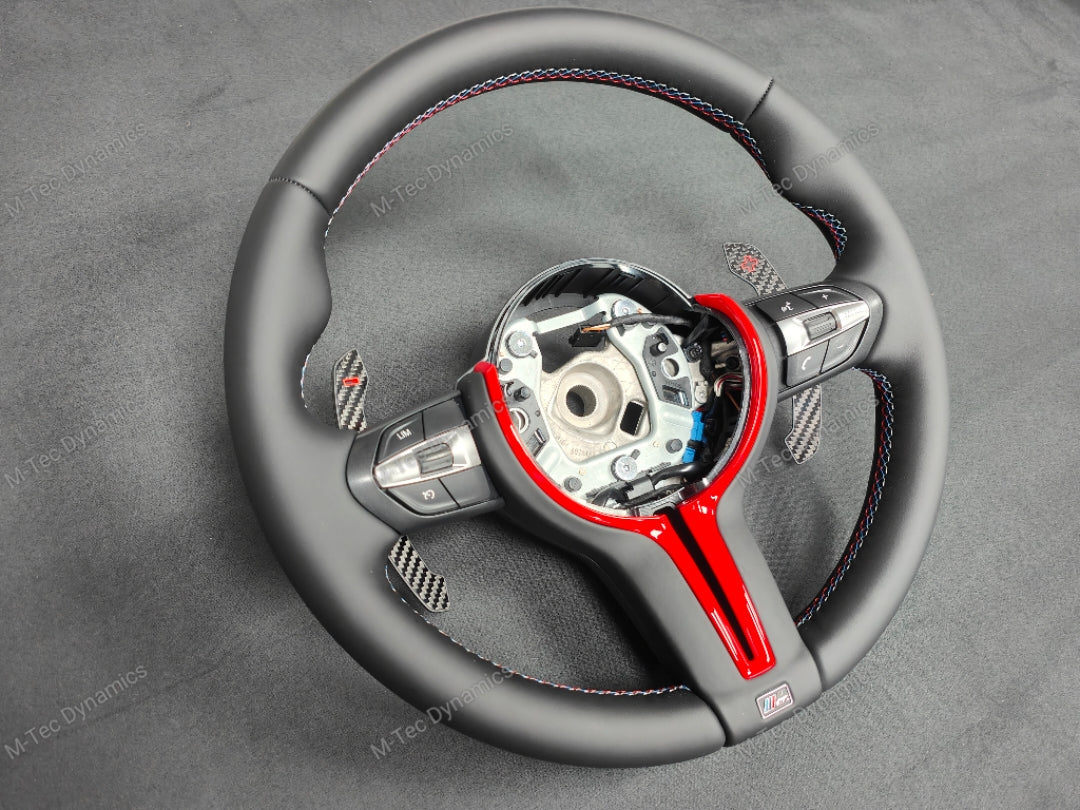 BMW F-SERIES NAPPA LEATHER TRI-STITCH / CUSTOM / RED M4 FASCIA STEERING WHEEL - BMW 1 2 3 4 5 X SERIES