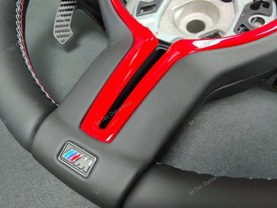 BMW F-SERIES NAPPA LEATHER TRI-STITCH / CUSTOM / RED M4 FASCIA STEERING WHEEL - BMW 1 2 3 4 5 X SERIES