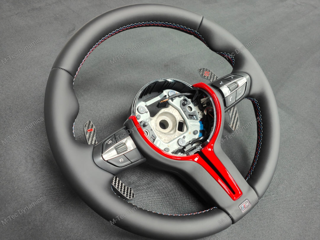 BMW F-SERIES NAPPA LEATHER TRI-STITCH / CUSTOM / RED M4 FASCIA STEERING WHEEL - BMW 1 2 3 4 5 X SERIES