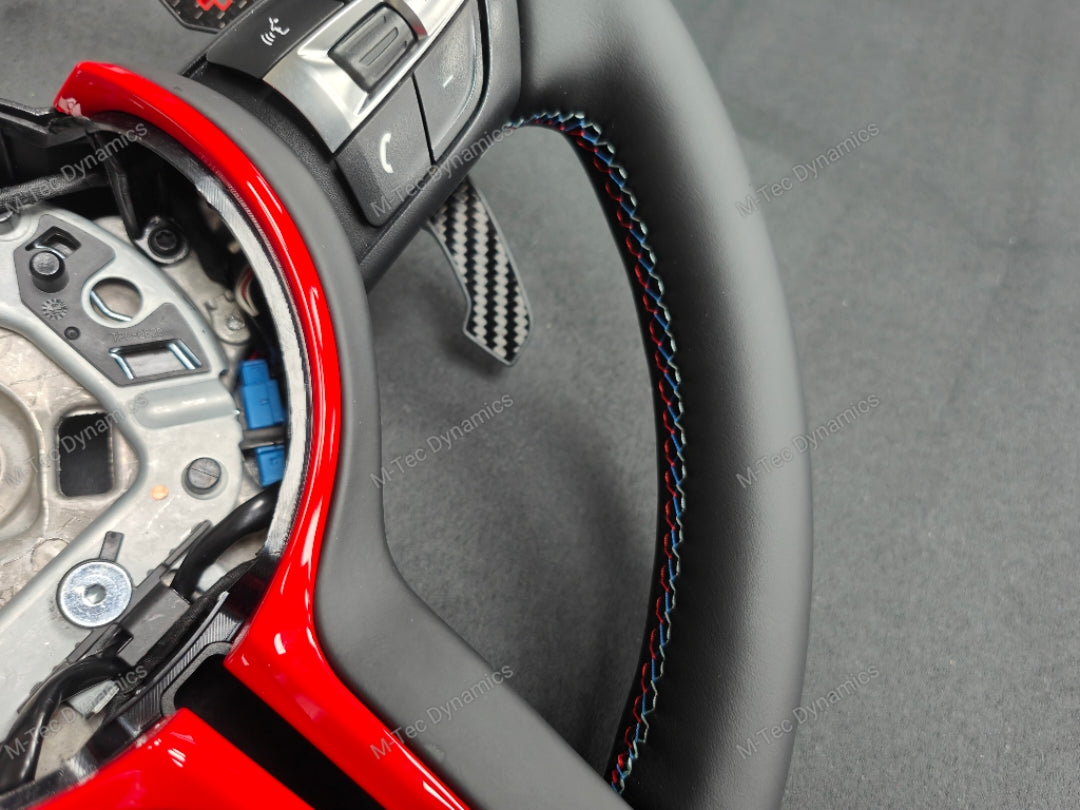 BMW F-SERIES NAPPA LEATHER TRI-STITCH / CUSTOM / RED M4 FASCIA STEERING WHEEL - BMW 1 2 3 4 5 X SERIES