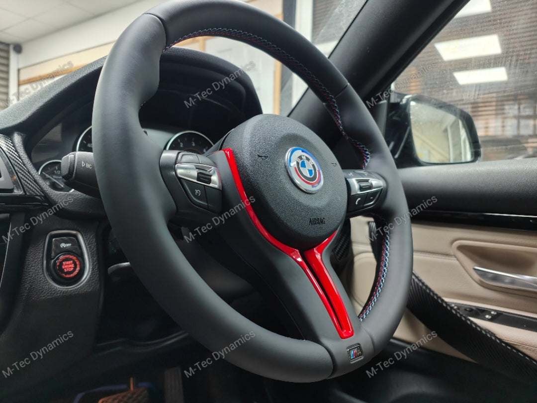 BMW F-SERIES NAPPA LEATHER TRI-STITCH / CUSTOM / RED M4 FASCIA STEERING WHEEL - BMW 1 2 3 4 5 X SERIES