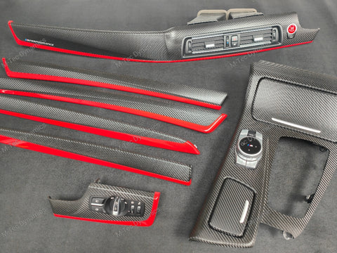 BMW F10 F11 AUTO INTERIOR TRIM SET - DEEP TEXTURED GLOSSY BLACK CARBON / RED ACCENT (MTD-TEX)