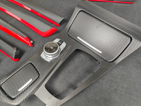 BMW F10 F11 AUTO INTERIOR TRIM SET - DEEP TEXTURED GLOSSY BLACK CARBON / RED ACCENT (MTD-TEX)