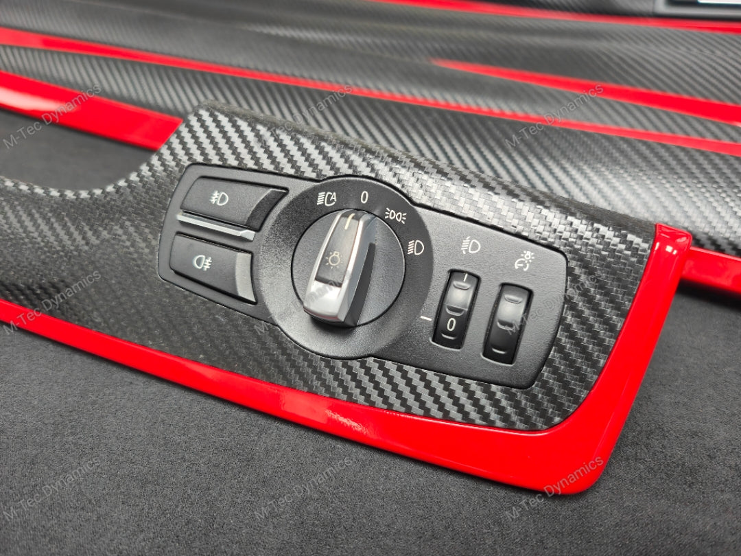 BMW F10 F11 AUTO INTERIOR TRIM SET - TEXTURED GLOSSY BLACK CARBON / RED ACCENT (MTD-TEX)