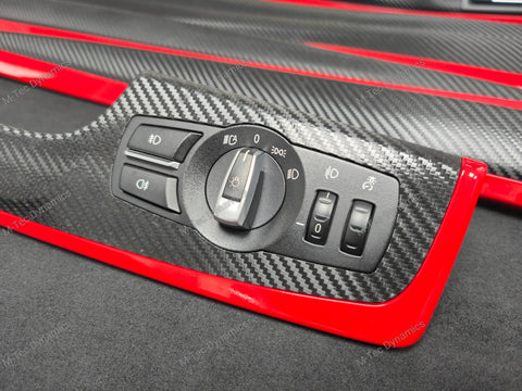 BMW F10 F11 AUTO INTERIOR TRIM SET - DEEP TEXTURED GLOSSY BLACK CARBON / RED ACCENT (MTD-TEX)