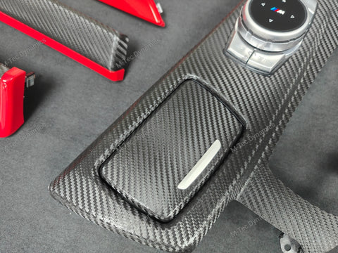 BMW F10 F11 AUTO INTERIOR TRIM SET - DEEP TEXTURED GLOSSY BLACK CARBON / RED ACCENT (MTD-TEX)
