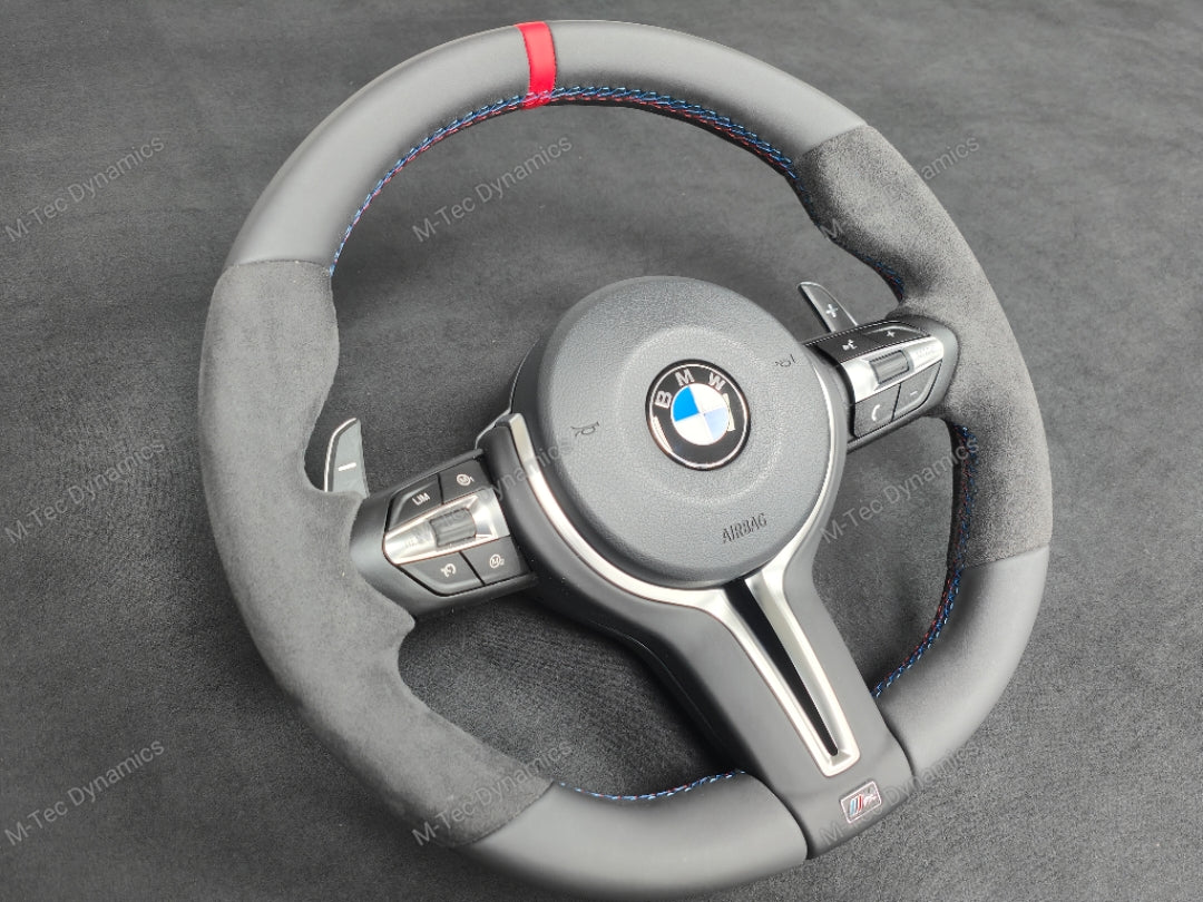 BMW F-SERIES NAPPA LEATHER TRI-STITCH / ALCANTARA / RED RING STEERING WHEEL - BMW 1 2 3 4 5 X SERIES