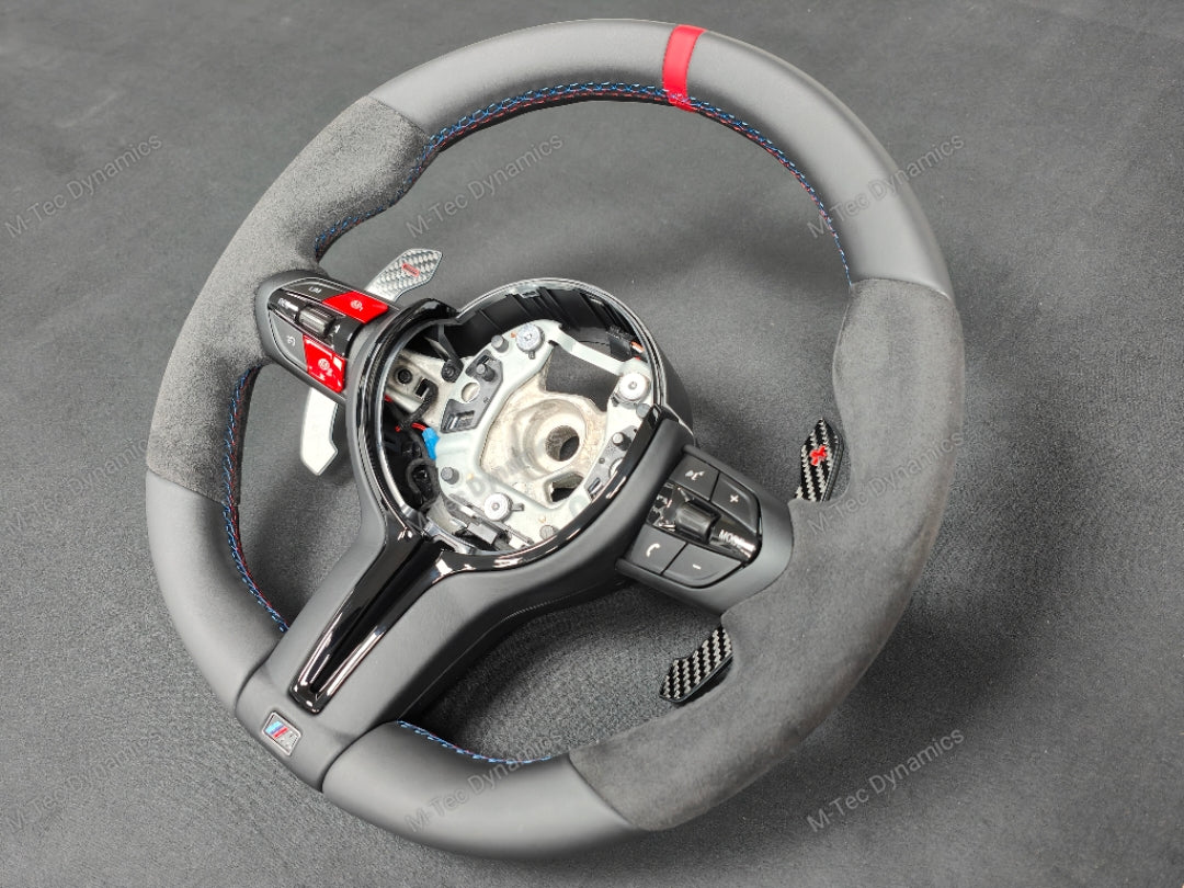 BMW F-SERIES NAPPA LEATHER TRI-STITCH / ALCANTARA / RED RING STEERING WHEEL - BMW 1 2 3 4 5 X SERIES (CUSTOM)