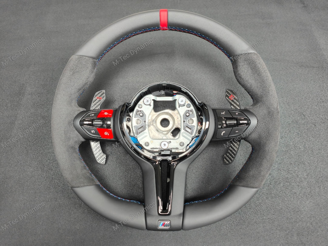 BMW F-SERIES NAPPA LEATHER TRI-STITCH / ALCANTARA / RED RING STEERING WHEEL - BMW 1 2 3 4 5 X SERIES (CUSTOM)