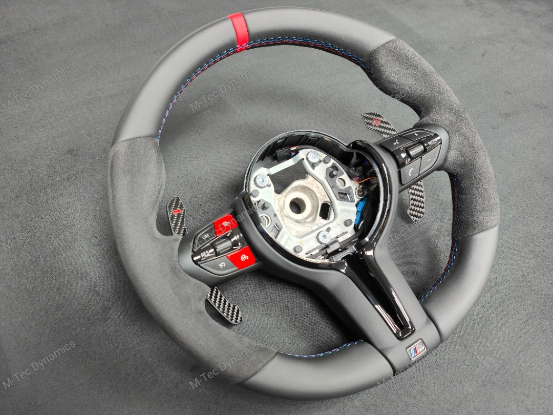 BMW F-SERIES NAPPA LEATHER TRI-STITCH / ALCANTARA / RED RING STEERING WHEEL - BMW 1 2 3 4 5 X SERIES (CUSTOM)