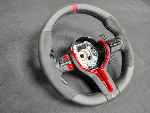 BMW F-SERIES NAPPA LEATHER TRI-STITCH / ALCANTARA / RED RING STEERING WHEEL - BMW 1 2 3 4 5 X SERIES (CUSTOM)