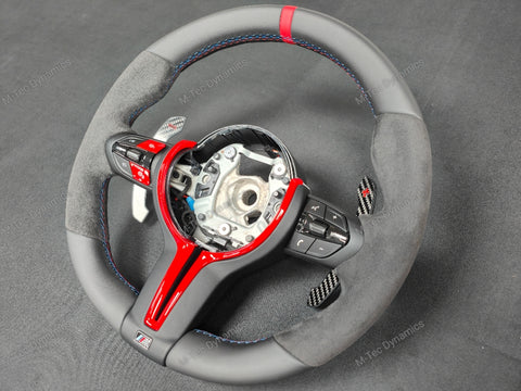 BMW F-SERIES NAPPA LEATHER TRI-STITCH / ALCANTARA / RED RING STEERING WHEEL - BMW 1 2 3 4 5 X SERIES (CUSTOM)