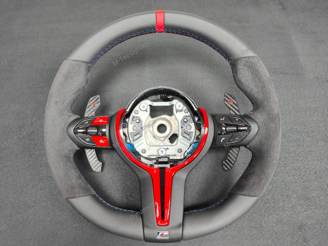 BMW F-SERIES NAPPA LEATHER TRI-STITCH / ALCANTARA / RED RING STEERING WHEEL - BMW 1 2 3 4 5 X SERIES (CUSTOM)