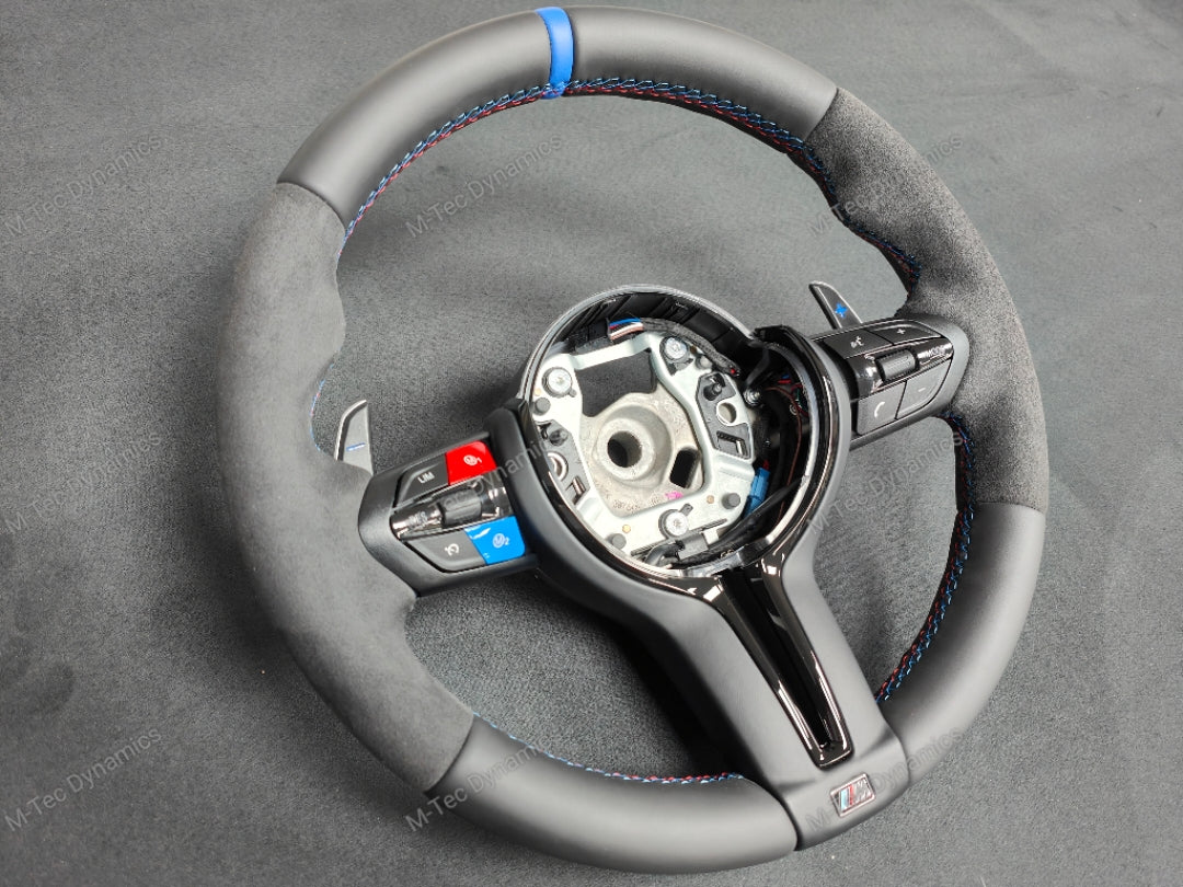 BMW F-SERIES NAPPA LEATHER TRI-STITCH / ALCANTARA / BLUE RING STEERING WHEEL - BMW 1 2 3 4 5 X SERIES (CUSTOM)