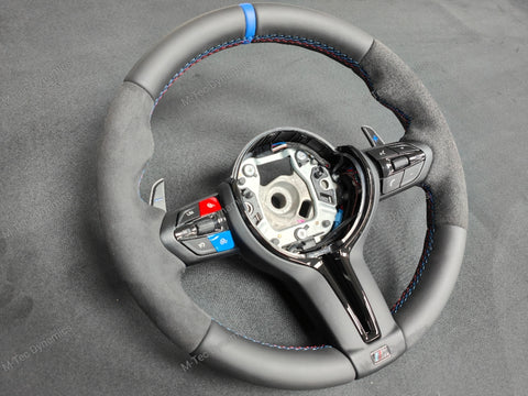 BMW F-SERIES NAPPA LEATHER TRI-STITCH / ALCANTARA / BLUE RING STEERING WHEEL - BMW 1 2 3 4 5 X SERIES (CUSTOM)