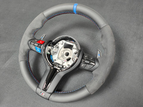 BMW F-SERIES NAPPA LEATHER TRI-STITCH / ALCANTARA / BLUE RING STEERING WHEEL - BMW 1 2 3 4 5 X SERIES (CUSTOM)