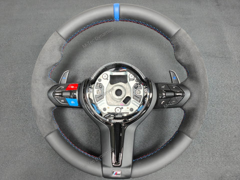 BMW F-SERIES NAPPA LEATHER TRI-STITCH / ALCANTARA / BLUE RING STEERING WHEEL - BMW 1 2 3 4 5 X SERIES (CUSTOM)