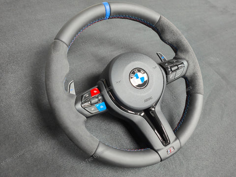 BMW F-SERIES NAPPA LEATHER TRI-STITCH / ALCANTARA / BLUE RING STEERING WHEEL - BMW 1 2 3 4 5 X SERIES (CUSTOM)