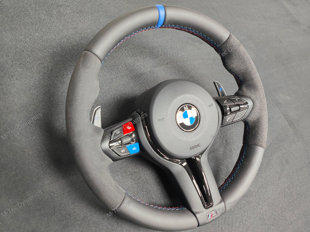 BMW F-SERIES NAPPA LEATHER TRI-STITCH / ALCANTARA / BLUE RING STEERING WHEEL - BMW 1 2 3 4 5 X SERIES (CUSTOM)