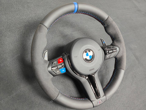 BMW F-SERIES NAPPA LEATHER TRI-STITCH / ALCANTARA / BLUE RING STEERING WHEEL - BMW 1 2 3 4 5 X SERIES (CUSTOM)