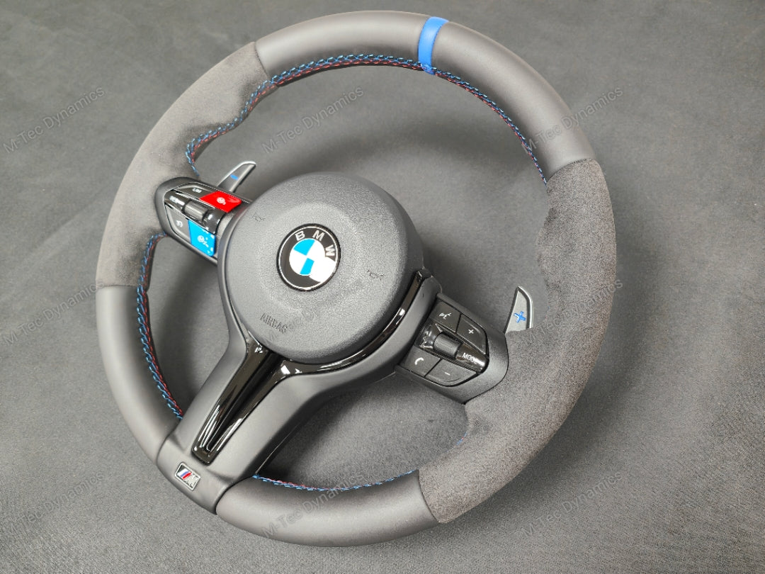 BMW F-SERIES NAPPA LEATHER TRI-STITCH / ALCANTARA / BLUE RING STEERING WHEEL - BMW 1 2 3 4 5 X SERIES (CUSTOM)