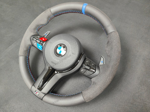 BMW F-SERIES NAPPA LEATHER TRI-STITCH / ALCANTARA / BLUE RING STEERING WHEEL - BMW 1 2 3 4 5 X SERIES (CUSTOM)