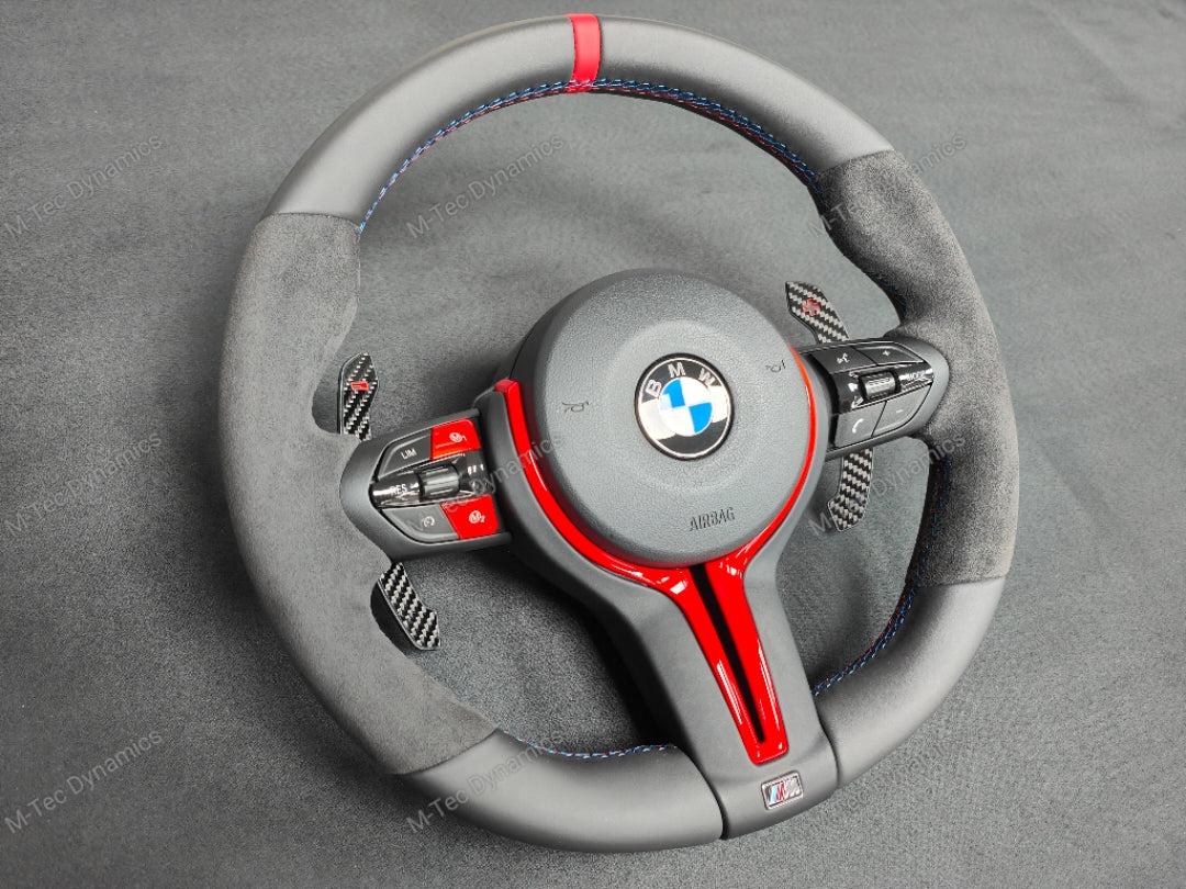 BMW F-SERIES NAPPA LEATHER TRI-STITCH / ALCANTARA / RED RING STEERING WHEEL - BMW 1 2 3 4 5 X SERIES (CUSTOM)