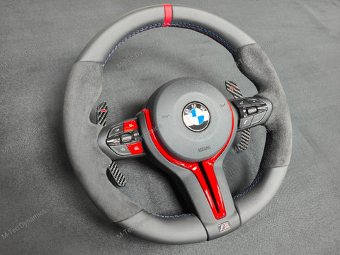 BMW F-SERIES NAPPA LEATHER TRI-STITCH / ALCANTARA / RED RING STEERING WHEEL - BMW 1 2 3 4 5 X SERIES (CUSTOM)