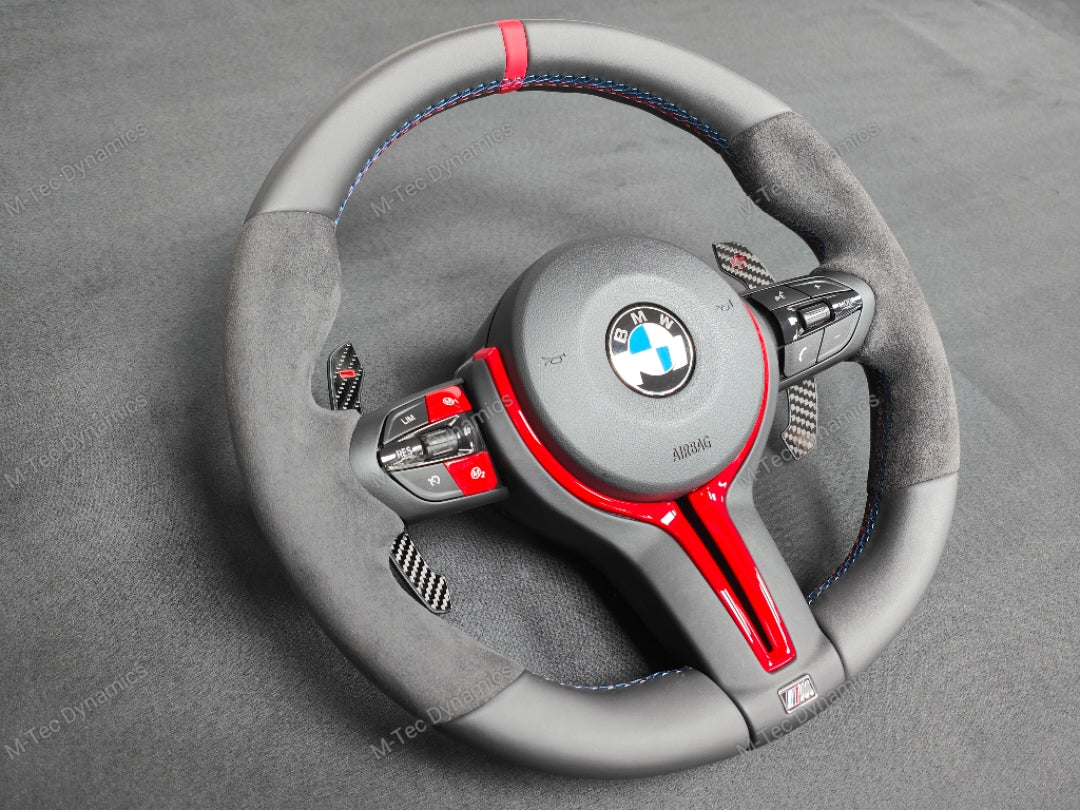 BMW F-SERIES NAPPA LEATHER TRI-STITCH / ALCANTARA / RED RING STEERING WHEEL - BMW 1 2 3 4 5 X SERIES (CUSTOM)