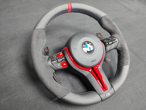 BMW F-SERIES NAPPA LEATHER TRI-STITCH / ALCANTARA / RED RING STEERING WHEEL - BMW 1 2 3 4 5 X SERIES (CUSTOM)