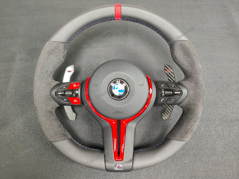 BMW F-SERIES NAPPA LEATHER TRI-STITCH / ALCANTARA / RED RING STEERING WHEEL - BMW 1 2 3 4 5 X SERIES (CUSTOM)