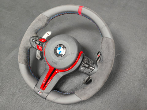 BMW F-SERIES NAPPA LEATHER TRI-STITCH / ALCANTARA / RED RING STEERING WHEEL - BMW 1 2 3 4 5 X SERIES (CUSTOM)