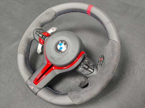 BMW F-SERIES NAPPA LEATHER TRI-STITCH / ALCANTARA / RED RING STEERING WHEEL - BMW 1 2 3 4 5 X SERIES (CUSTOM)