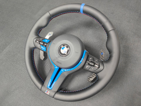 BMW F-SERIES NAPPA LEATHER TRI-STITCH / CUSTOM BLUE DETAIL / BLUE RING STEERING WHEEL - BMW 1 2 3 4 5 X SERIES