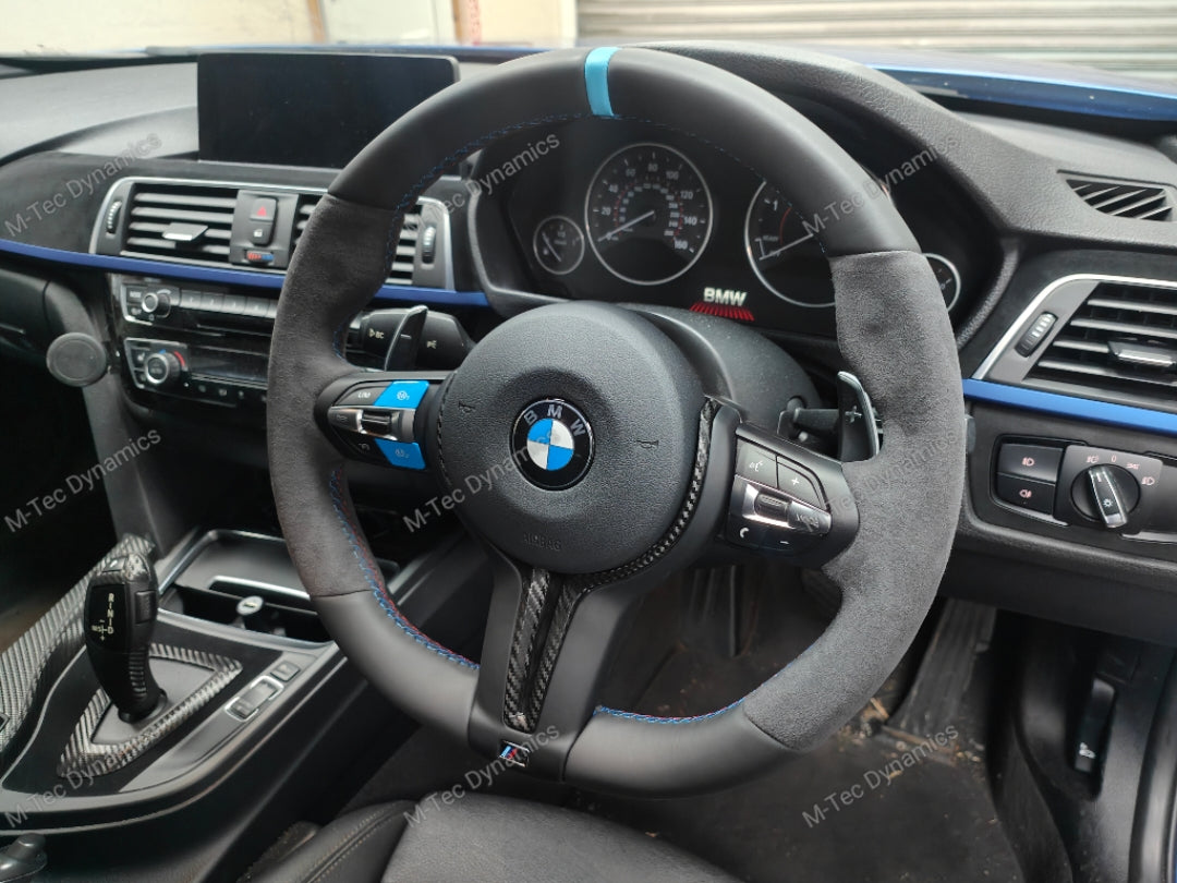 WRAPPING SERVICE - BMW F3X INTERIOR TRIM SET - TEXTURED CARBON / ALCANTARA / BLUE ACCENT - (F30 F31 F32 F33 F36)