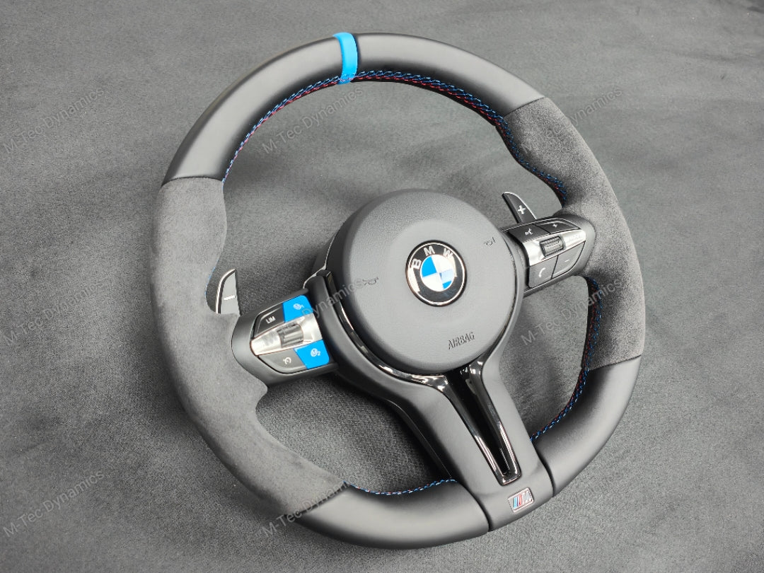 BMW F-SERIES NAPPA LEATHER TRI-STITCH / ALCANTARA / BLUE RING STEERING WHEEL - BMW 1 2 3 4 5 X SERIES