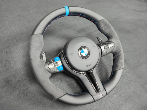 BMW F-SERIES NAPPA LEATHER TRI-STITCH / ALCANTARA / BLUE RING STEERING WHEEL - BMW 1 2 3 4 5 X SERIES