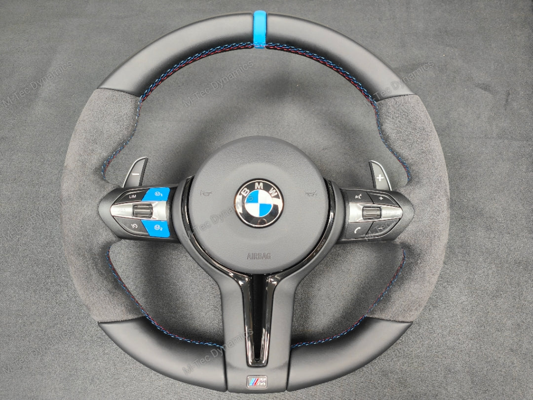 BMW F-SERIES NAPPA LEATHER TRI-STITCH / ALCANTARA / BLUE RING STEERING WHEEL - BMW 1 2 3 4 5 X SERIES