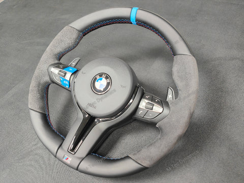 BMW F-SERIES NAPPA LEATHER TRI-STITCH / ALCANTARA / BLUE RING STEERING WHEEL - BMW 1 2 3 4 5 X SERIES