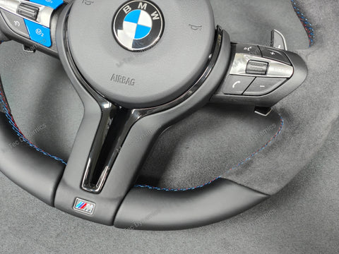 BMW F-SERIES NAPPA LEATHER TRI-STITCH / ALCANTARA / BLUE RING STEERING WHEEL - BMW 1 2 3 4 5 X SERIES