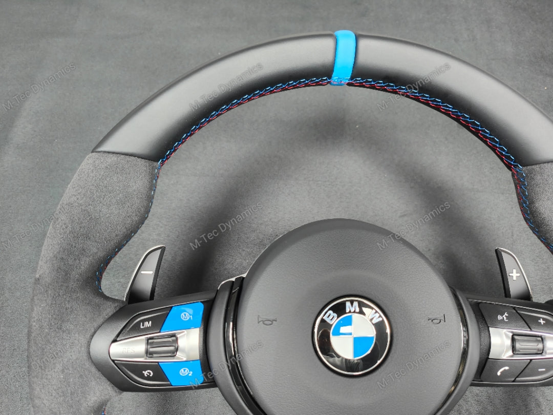 BMW F-SERIES NAPPA LEATHER TRI-STITCH / ALCANTARA / BLUE RING STEERING WHEEL - BMW 1 2 3 4 5 X SERIES