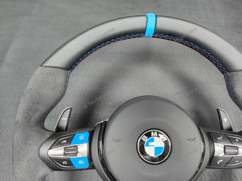 BMW F-SERIES NAPPA LEATHER TRI-STITCH / ALCANTARA / BLUE RING STEERING WHEEL - BMW 1 2 3 4 5 X SERIES