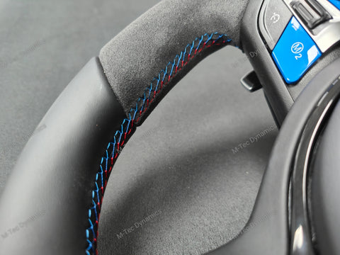 BMW F-SERIES NAPPA LEATHER TRI-STITCH / ALCANTARA / BLUE RING STEERING WHEEL - BMW 1 2 3 4 5 X SERIES