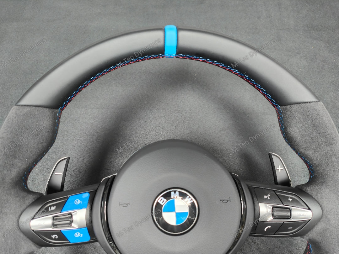 BMW F-SERIES NAPPA LEATHER TRI-STITCH / ALCANTARA / BLUE RING STEERING WHEEL - BMW 1 2 3 4 5 X SERIES
