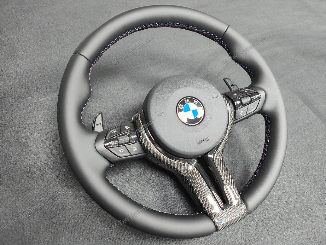 BMW F-SERIES NAPPA LEATHER TRI-STITCH / CUSTOM BLACK OUT / CARBON FIBRE M4 FASCIA STEERING WHEEL - BMW 1 2 3 4 5 X SERIES