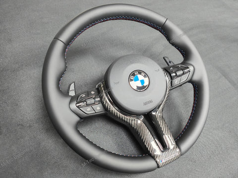 BMW F-SERIES NAPPA LEATHER TRI-STITCH / CUSTOM BLACK OUT / CARBON FIBRE M4 FASCIA STEERING WHEEL - BMW 1 2 3 4 5 X SERIES