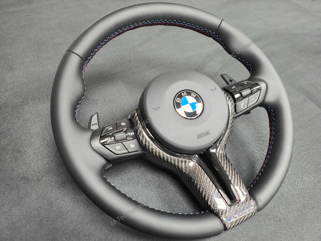 BMW F-SERIES NAPPA LEATHER TRI-STITCH / CUSTOM BLACK OUT / CARBON FIBRE M4 FASCIA STEERING WHEEL - BMW 1 2 3 4 5 X SERIES